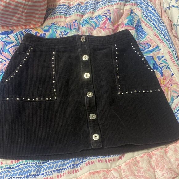 Black Corduroy Skirt with Button Front Grunge Work School Formal Small studs - Picture 2 of 3